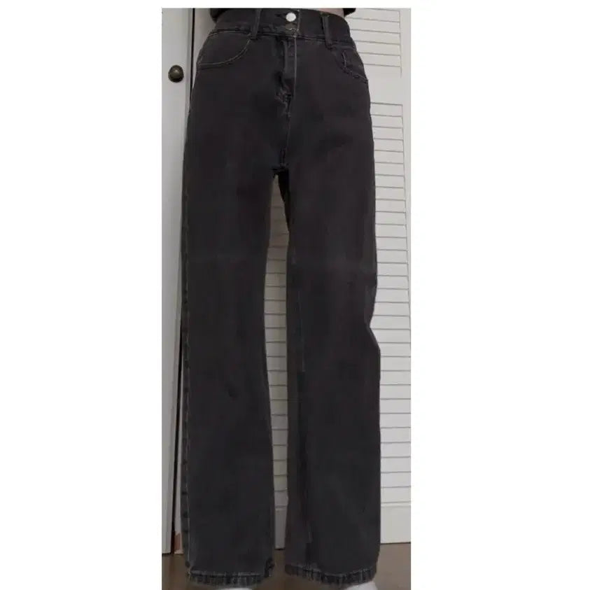 [BUNJANG] Two-Button Waist Banding Wide Straight Pants (Black Denim) / 투버튼 허리밴딩 와이드 일자 팬츠 (흑청)