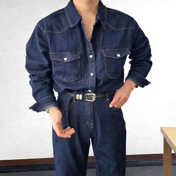 [BUNJANG] 남자 생지 논페이드 웨스턴 데님 셔츠 / 남자 생지 논페이드 웨스턴 데님 셔츠