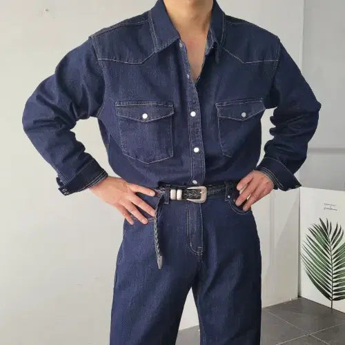 [BUNJANG] 남자 생지 논페이드 웨스턴 데님 셔츠 / 남자 생지 논페이드 웨스턴 데님 셔츠