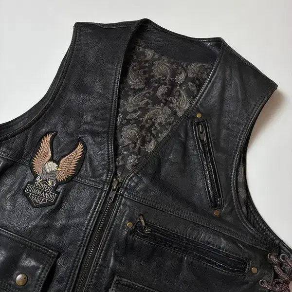 [BUNJANG] Selected Harley Davidson Embroidered Corset Leather Vest / Selected 할리 복각 자수 코르셋 소가죽 베스트 PN8172