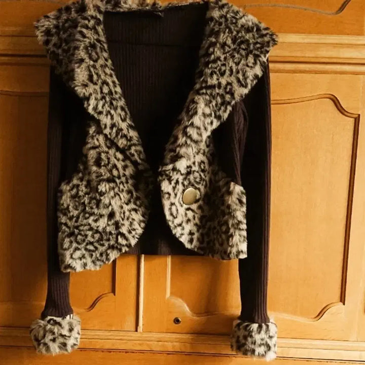 [BUNJANG] Vintage Leopard Fur Collar Knit Cardigan / 빈티지 레오파드 퍼 카라 니트 가디건 호피자켓 오네갸루
