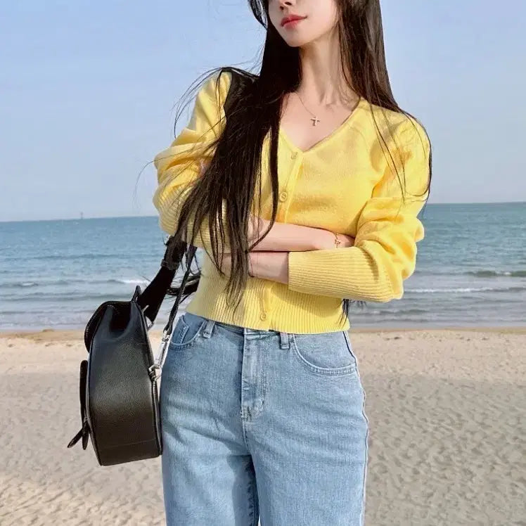 [BUNJANG] Mayyun Daily V-neck Cardigan / 메이윤 제작 데일리 브이넥 가디건 노란색
