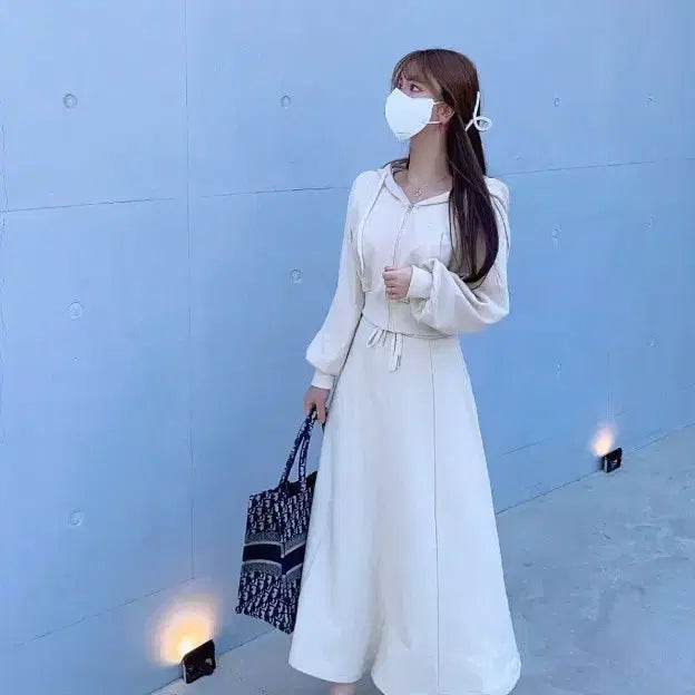 [BUNJANG] Mayyun Training Hoodie Long Skirt Set-up Beige / 메이윤 트레이닝 후드티 롱 스커트 셋업 베이지컬러