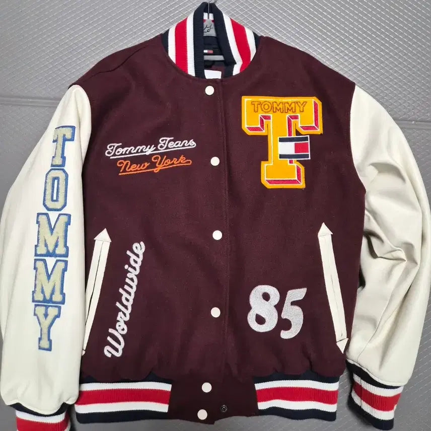 [BUNJANG] Tommy Hilfiger Burgundy Leather Baseball Jumper / 타미 힐피거 점퍼
