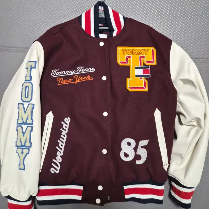 [BUNJANG] Tommy Hilfiger Burgundy Leather Baseball Jumper / 타미 힐피거 점퍼