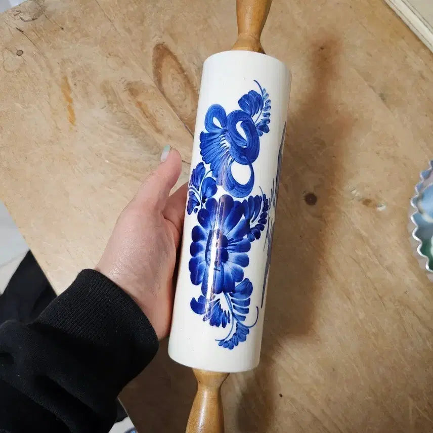 [BUNJANG] Vintage Blue Flower Pattern Ceramic Rolling Pin / <무료배송>빈티지 블루 플라워 패턴 도자기 밀대 35x6.5