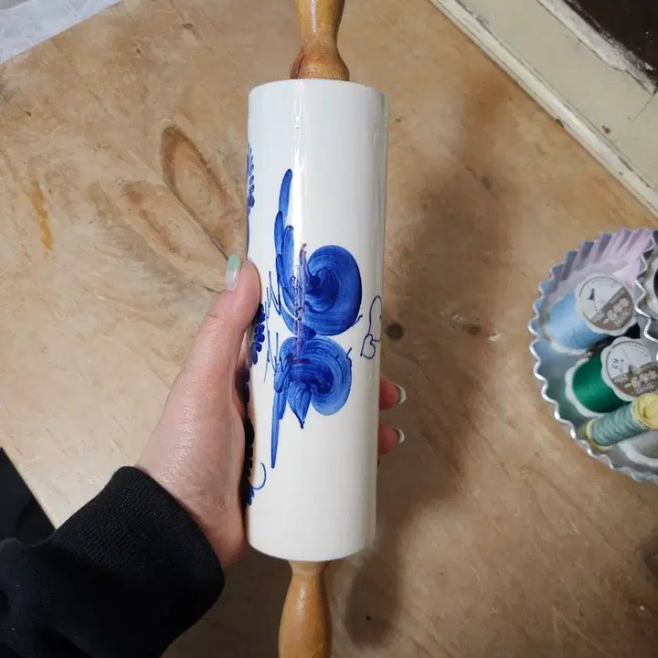 [BUNJANG] Vintage Blue Flower Pattern Ceramic Rolling Pin / <무료배송>빈티지 블루 플라워 패턴 도자기 밀대 35x6.5