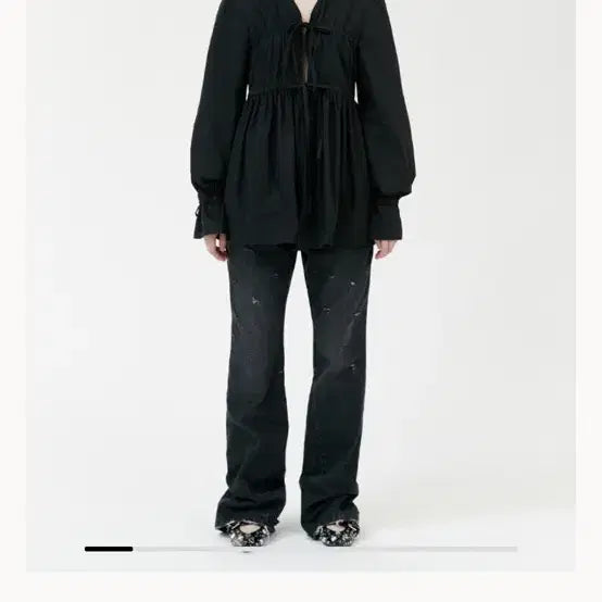 [BUNJANG] Gyeong Ribbon Open Shirt - Black / gyeong ribbon open shirts black
