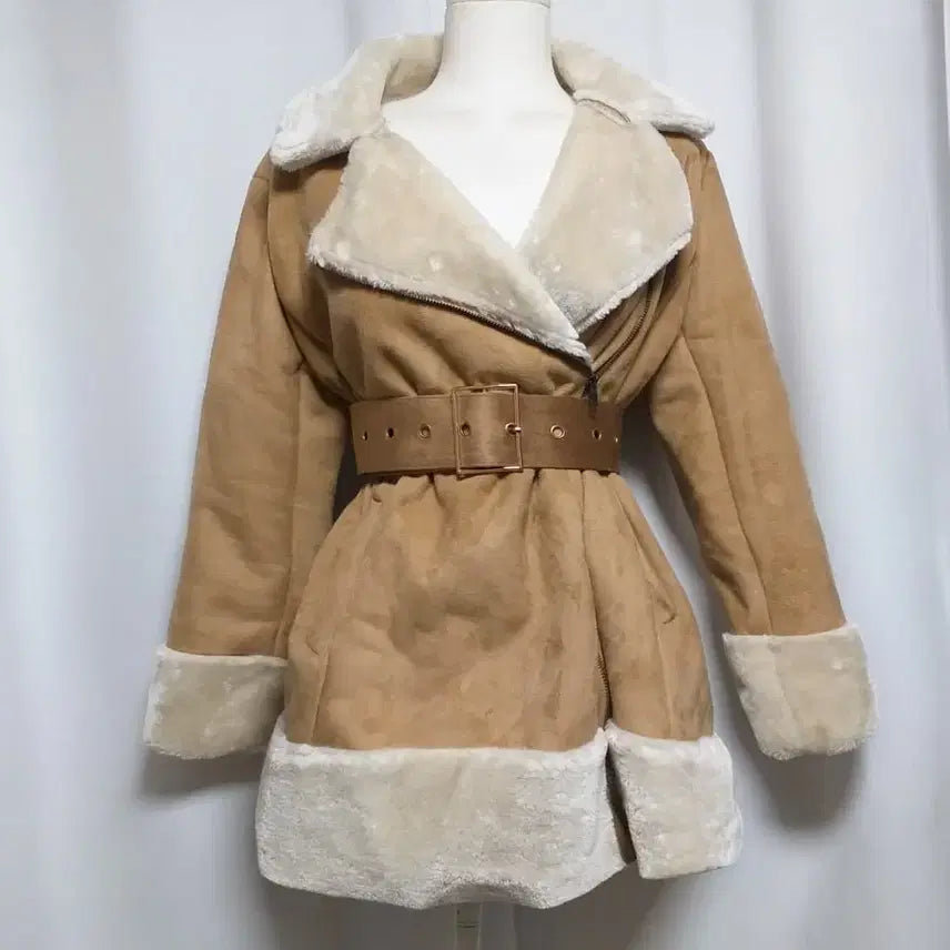 [BUNJANG] Vintage Suede Mouton Belted Jacket / 빈티지 스웨이드 무스탕 벨트 자켓 라떼갸루