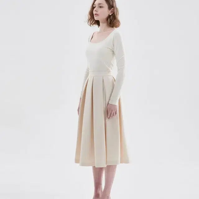 [BUNJANG] Five Avenue Hepburn Pleated Long Skirt Beige / 파이브에비뉴 햅번 플리츠 롱 스커트 베이지-데이트, 상견례, 2부드레스