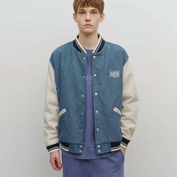 [BUNJANG] Marithe Denim Varsity Jacket (Light Blue, L) / (새상품)마리떼 데님 바시티 자켓 라이트 블루 L