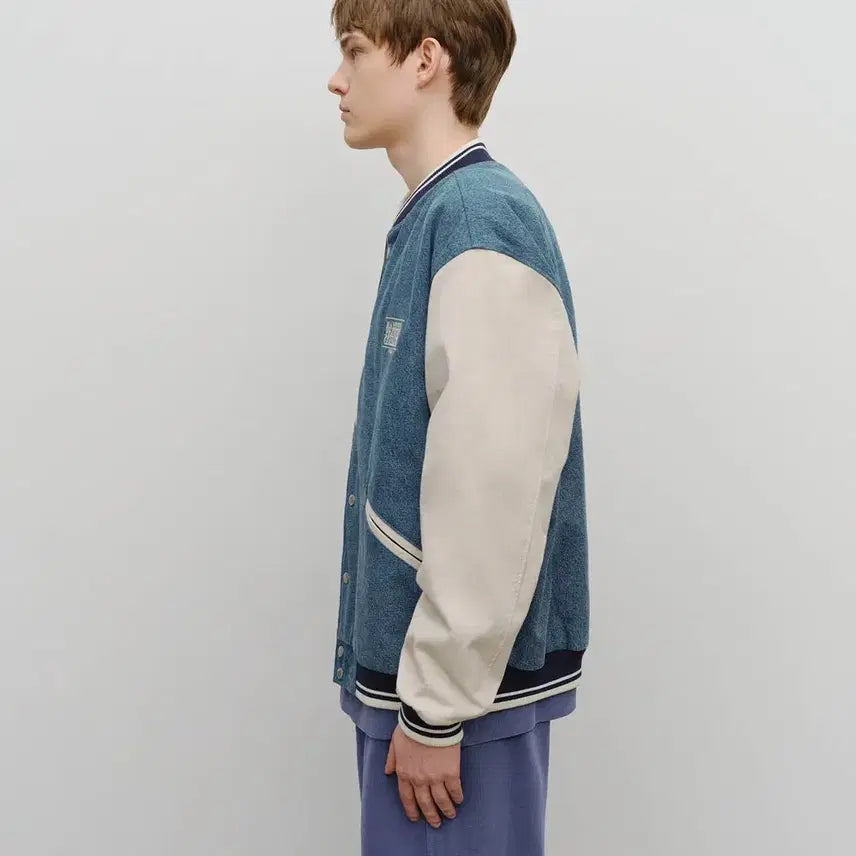 [BUNJANG] Marithe Denim Varsity Jacket (Light Blue, L) / (새상품)마리떼 데님 바시티 자켓 라이트 블루 L