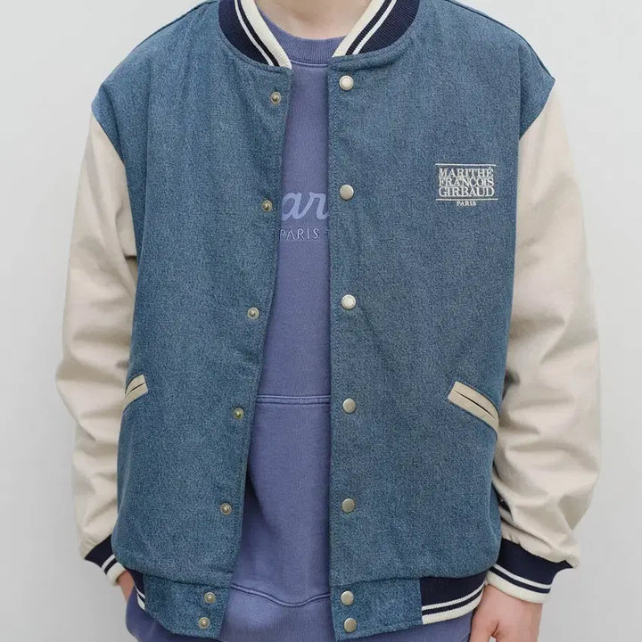 [BUNJANG] Marithe Denim Varsity Jacket (Light Blue, L) / (새상품)마리떼 데님 바시티 자켓 라이트 블루 L