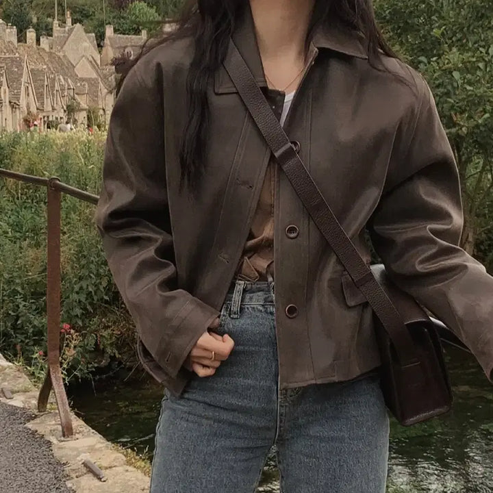 [BUNJANG] Slow and Simple Vegetable Vintage Leather Jacket Brown / 슬로우앤드 베지터블 빈티지 레더자켓 브라운 레더자켓