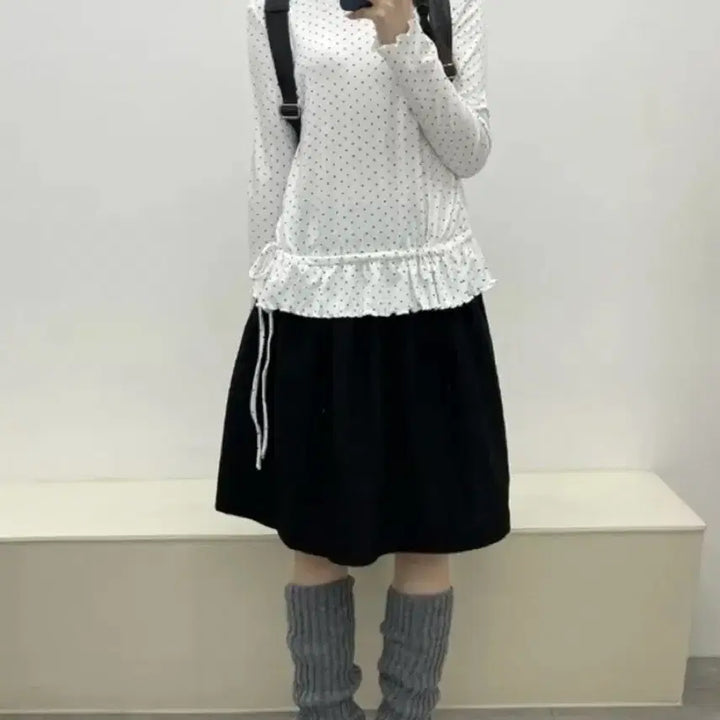 [BUNJANG] Various Brands Dot Shirred Frill Layered T-Shirt / 도트 셔링 프릴 폴라 레이어드 티셔츠/김아홉 바온 미쏘 에잇세컨즈