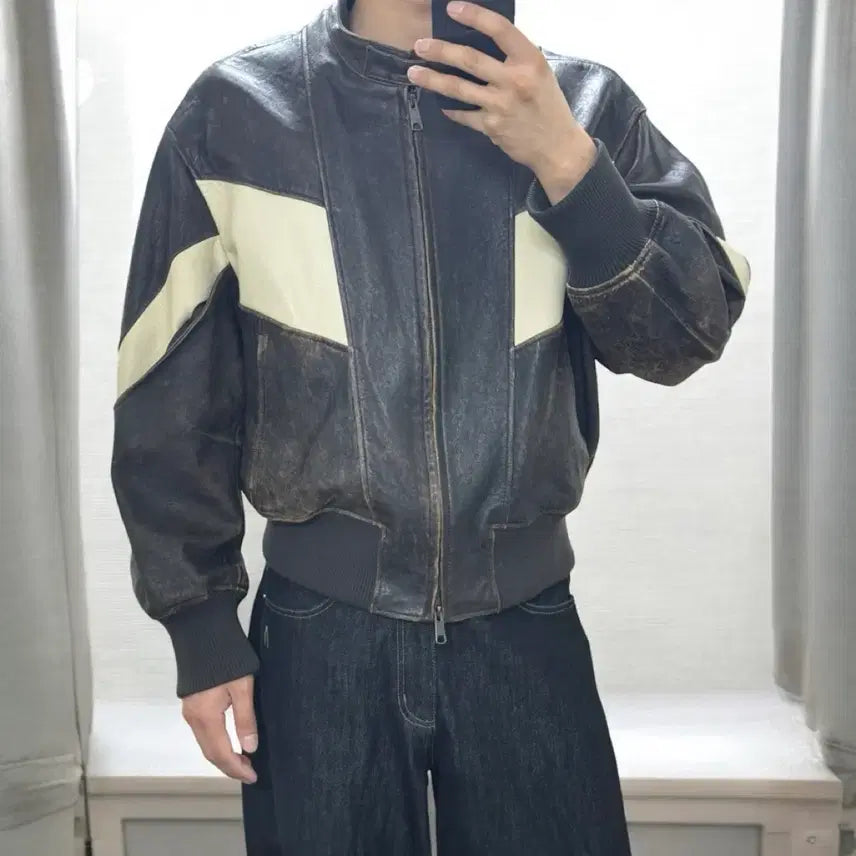 [BUNJANG] Distressed Mixed Leather Bomber Jacket / 디스트레스 믹스드 레더 점퍼
