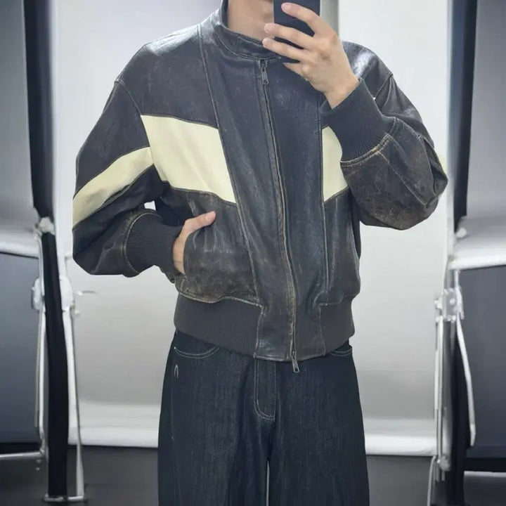 [BUNJANG] Distressed Mixed Leather Bomber Jacket / 디스트레스 믹스드 레더 점퍼