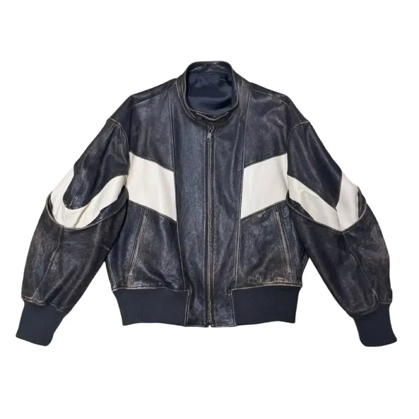 [BUNJANG] Distressed Mixed Leather Bomber Jacket / 디스트레스 믹스드 레더 점퍼