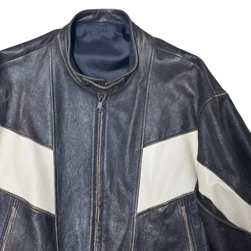 [BUNJANG] Distressed Mixed Leather Bomber Jacket / 디스트레스 믹스드 레더 점퍼