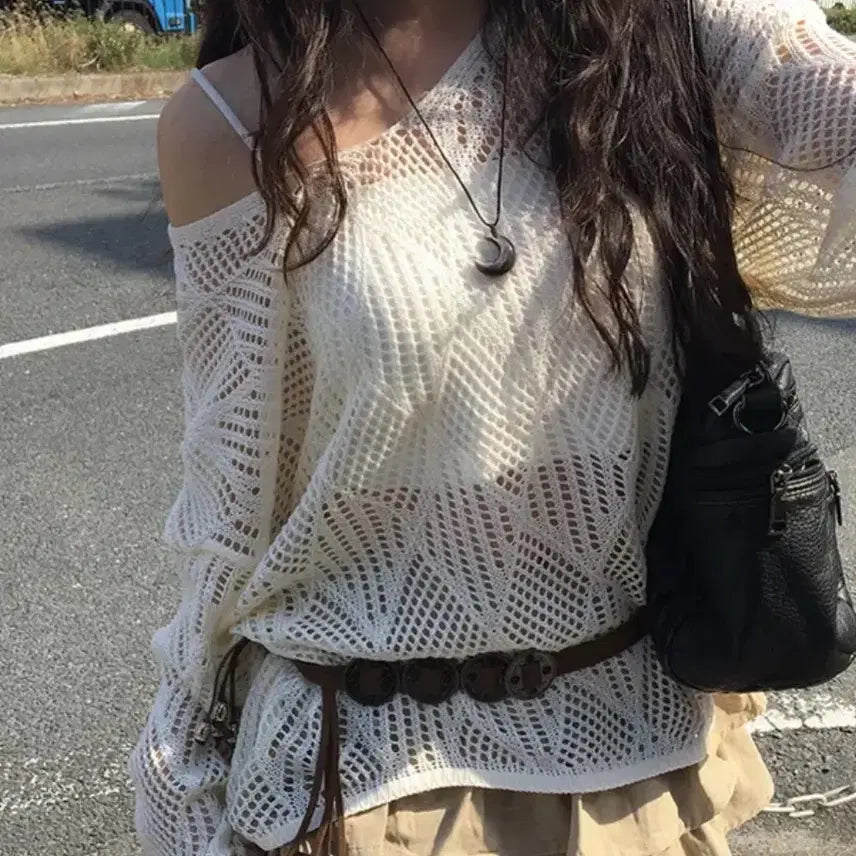 [BUNJANG] Ivory Mesh Knit Long Sleeve T-shirt / 아이보리색 그물 니트 긴팔티