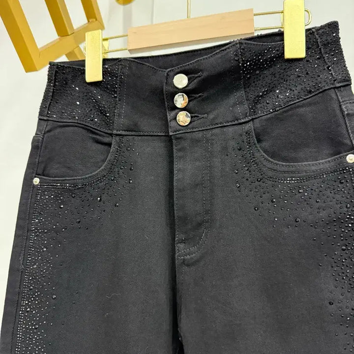 [BUNJANG] Black Stone Embellished Denim Pants / 블랙 스톤 장식 데님 팬츠 44~55