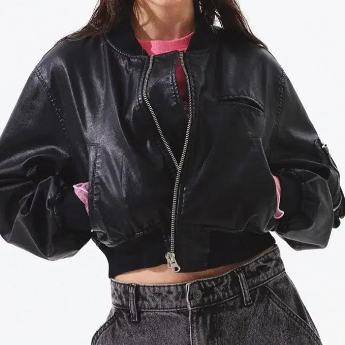 [BUNJANG] Freenda Black Leather Crop Bomber Jacket / 여성)블랙 레더 크롭 봄버 자켓(새상품 S)