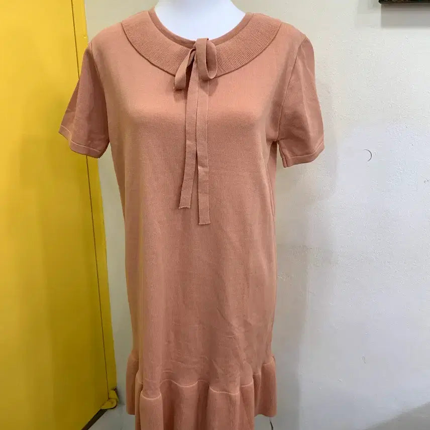 [BUNJANG] Pink Ribbed Knit Mini Dress / 리본넥 핑크 니트 미니 원피스