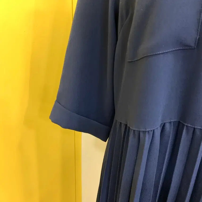 [BUNJANG] Navy Pleated Color Block Long Dress / 네이비 플리츠 배색 롱 원피스