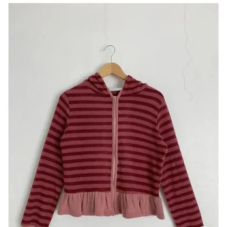 [BUNJANG] Love & Pop Striped Frill Cardigan / 정가57300/러브앤드팝 리스 스트라이프 후드 프릴 가디건 핑크