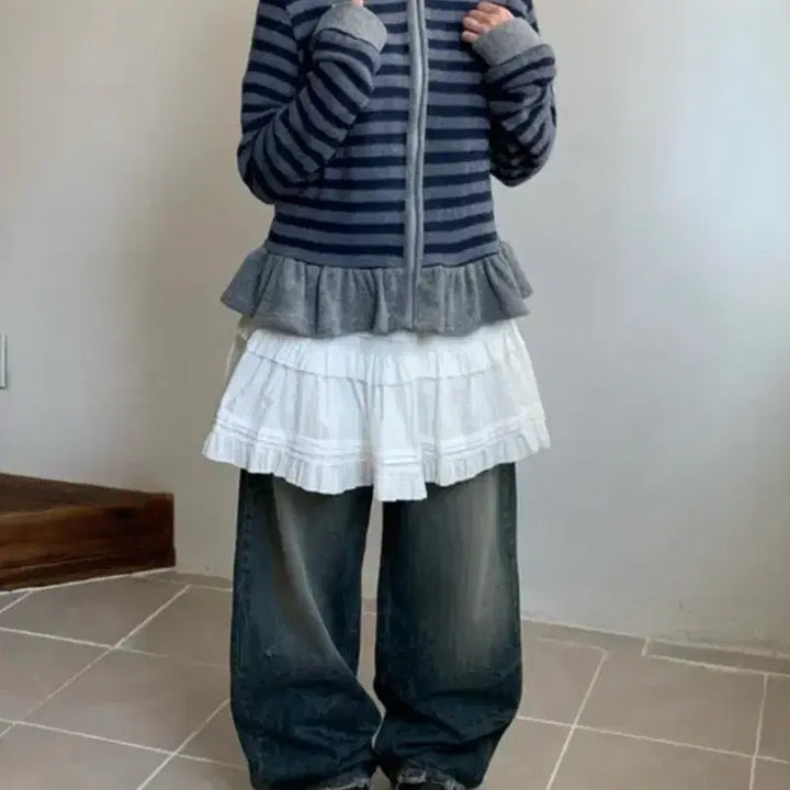 [BUNJANG] Love & Pop Striped Frill Cardigan / 정가57300/러브앤드팝 리스 스트라이프 후드 프릴 가디건 핑크