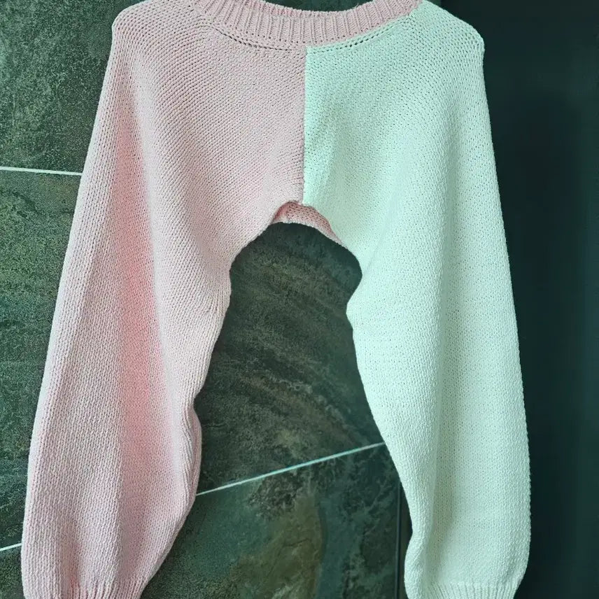 [BUNJANG] Pink and White Color Block Crop Knit Sweater / 핑크/화이트 배색 크롭 니트