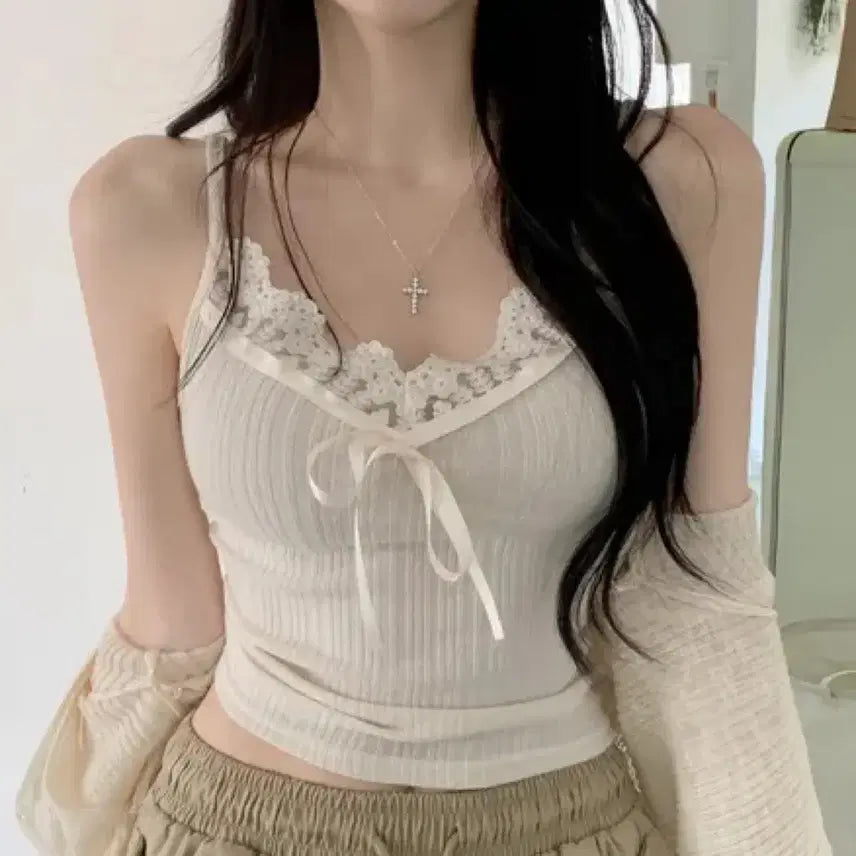 [BUNJANG] Lace Ribbon Cami Top / 레이스 리본 나시 탑