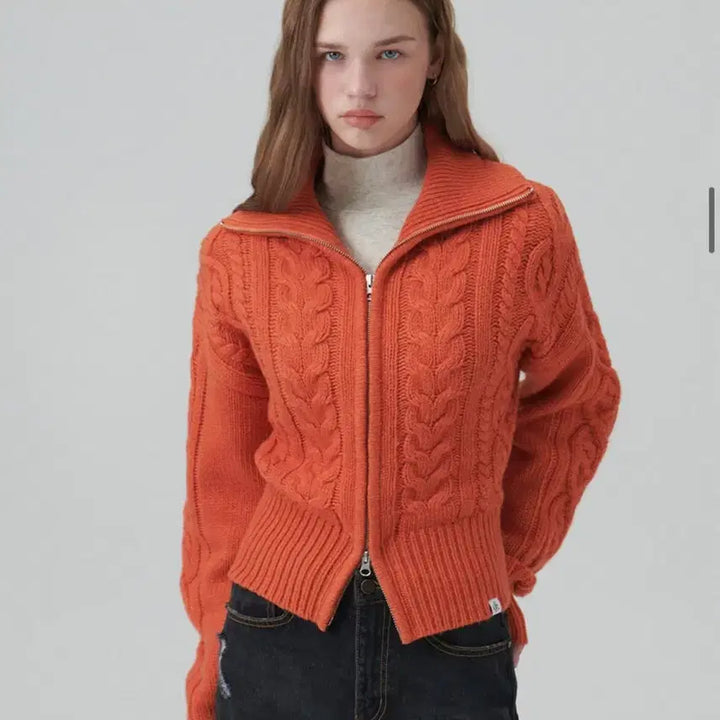 [BUNJANG] Citybreeze Wool Cable Knit Zip-up Cardigan / 시티브리즈 울 케이블 니트 집업 가디건 (오렌지)