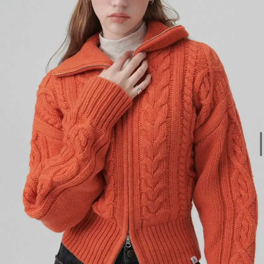 [BUNJANG] Citybreeze Wool Cable Knit Zip-up Cardigan / 시티브리즈 울 케이블 니트 집업 가디건 (오렌지)