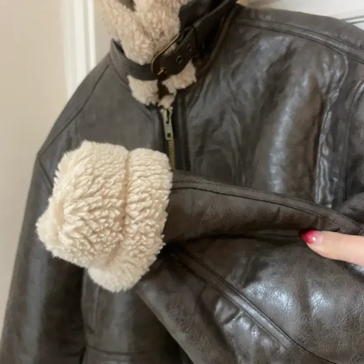 [BUNJANG] Ablie Brown Leather Jacket with Fur Trimming / 고퀄 양털 무스탕 레더 자켓 퍼 트리밍 에이블리 수입의류 교신