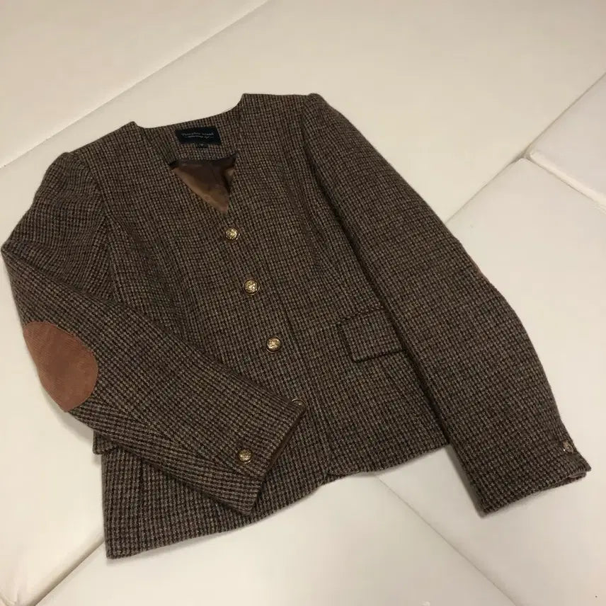 [BUNJANG] Thursday Island Wool Check Elbow Patch Slim V-Neck Jacket / 써스데이아일랜드 22년 울 자켓 체크 엘보패치 슬림 브이넥 코트 컨추리