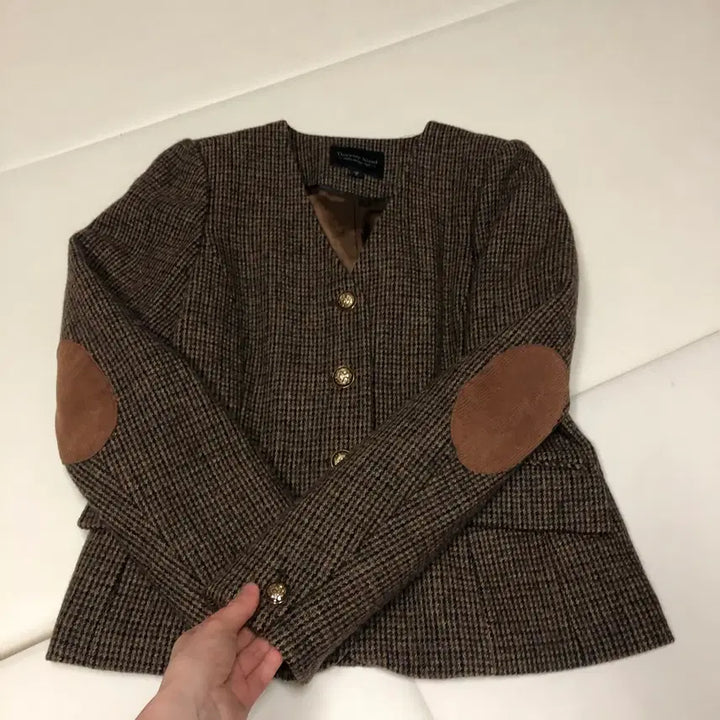 [BUNJANG] Thursday Island Wool Check Elbow Patch Slim V-Neck Jacket / 써스데이아일랜드 22년 울 자켓 체크 엘보패치 슬림 브이넥 코트 컨추리