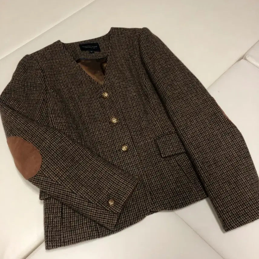 [BUNJANG] Thursday Island Wool Check Elbow Patch Slim V-Neck Jacket / 써스데이아일랜드 22년 울 자켓 체크 엘보패치 슬림 브이넥 코트 컨추리