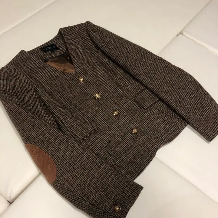 [BUNJANG] Thursday Island Wool Check Elbow Patch Slim V-Neck Jacket / 써스데이아일랜드 22년 울 자켓 체크 엘보패치 슬림 브이넥 코트 컨추리