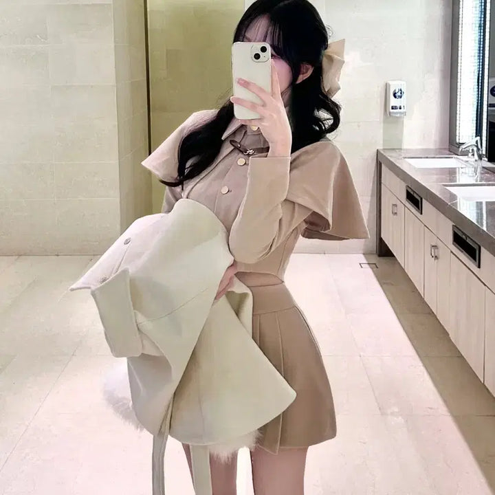 [BUNJANG] Cape Blouse Pleated Skirt Set / 케이프 블라우스 플리츠 스커트 셋트