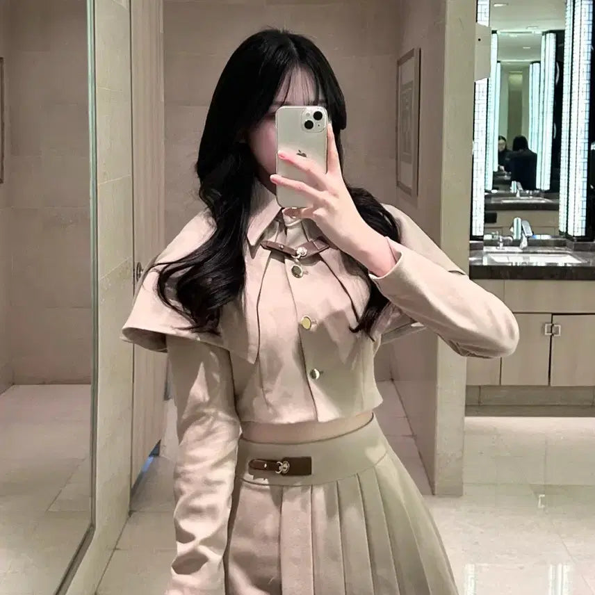 [BUNJANG] Cape Blouse Pleated Skirt Set / 케이프 블라우스 플리츠 스커트 셋트