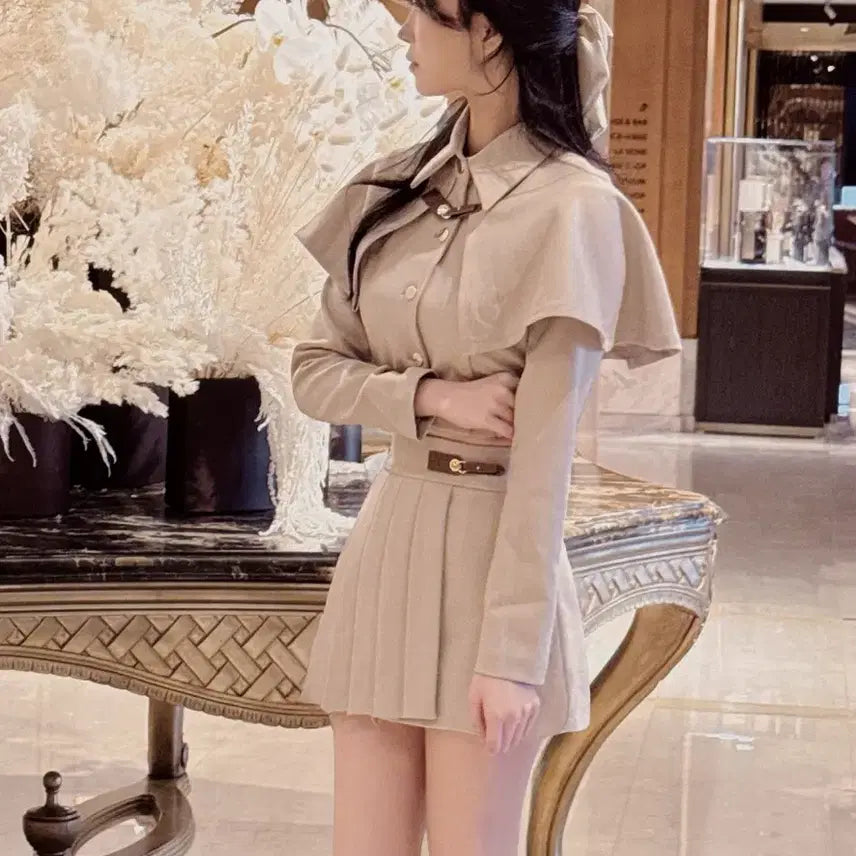 [BUNJANG] Cape Blouse Pleated Skirt Set / 케이프 블라우스 플리츠 스커트 셋트