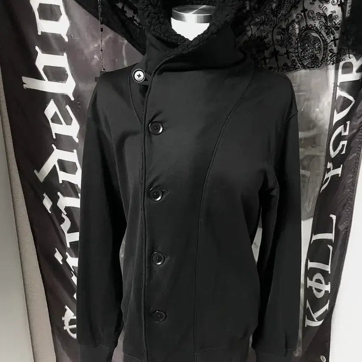 [BUNJANG] Yohji Yamamoto Y-3 High Neck Asymmetric Button Sweat Cardigan Black / 요지야마모토 Y3 하이넥 비대칭 버튼 스웻 가디건 블랙 무채색 유니섹스