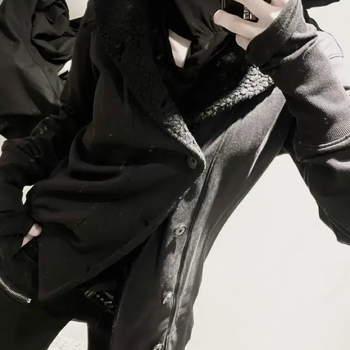 [BUNJANG] Yohji Yamamoto Y-3 High Neck Asymmetric Button Sweat Cardigan Black / 요지야마모토 Y3 하이넥 비대칭 버튼 스웻 가디건 블랙 무채색 유니섹스