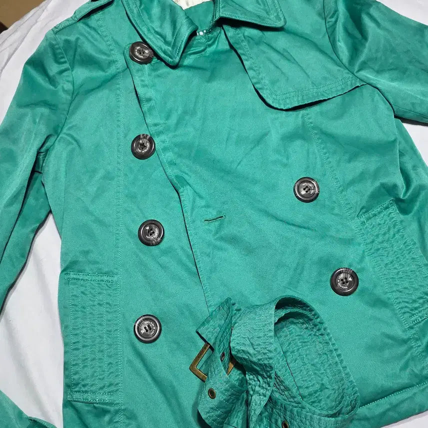 [BUNJANG] VOV Emerald Green Double Breasted Short Trench Jacket / [보브] 에메랄드 그린 더블 브레스티드 숏 트렌치 자켓 VI1JK25