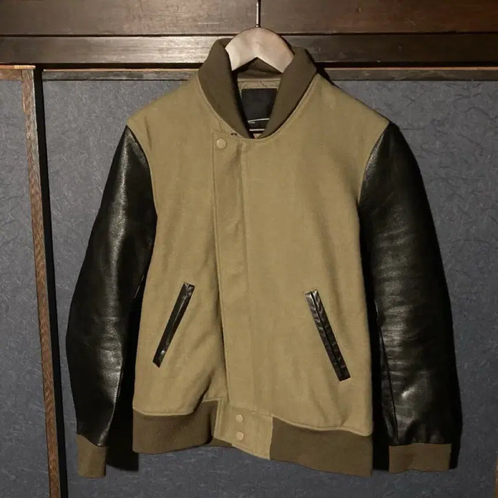 [BUNJANG] Lad Musician Leather Sleeve Wool Varsity Jacket / 라드 뮤지션 레더 슬리브 울 바시티 자켓