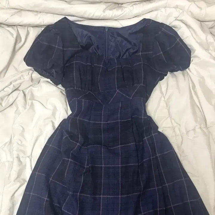 [BUNJANG] Vintage Check Puff Dress Navy / 빈티지 체크 퍼프 원피스 네이비