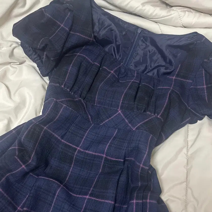 [BUNJANG] Vintage Check Puff Dress Navy / 빈티지 체크 퍼프 원피스 네이비