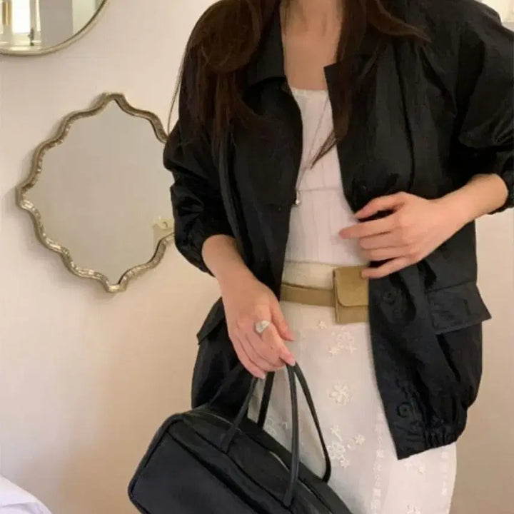 [BUNJANG] Miel Gloss Jumper Oversized Nylon Blouson (Black) / 미엘 글로스 점퍼 오버핏 나일론 블루종 (블랙)