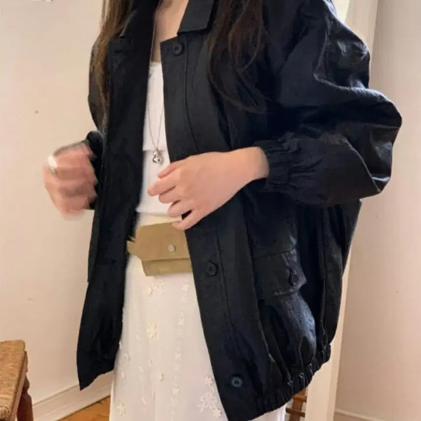 [BUNJANG] Miel Gloss Jumper Oversized Nylon Blouson (Black) / 미엘 글로스 점퍼 오버핏 나일론 블루종 (블랙)